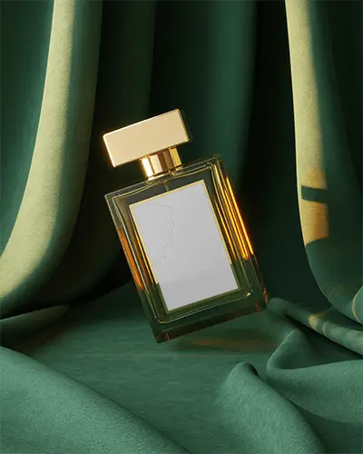 Sophisticated Perfume Mockup Square Glass With Golden Cap On Rich Green Fabric Luxury Presentation
