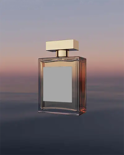 Luxury Perfume Bottle Mockup Square Glass With Golden Cap Floating Against Sunset Sky Background