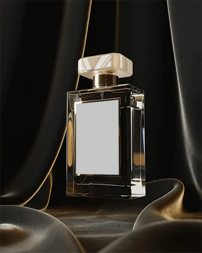 Luxury Perfume Bottle Mockup Square Crystal Glass On Black And Golden Satin Premium Display Scene