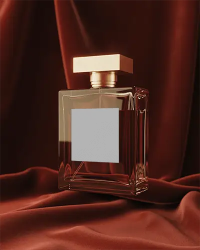 Luxury Perfume Bottle Mockup Square Glass Design With Golden Cap On Deep Red Drapes Premium Look