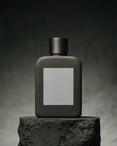Masculine Dark Perfume Bottle Mockup With Matte Black Finish And Square Label On Stone Pedestal In Dramatic Lighting