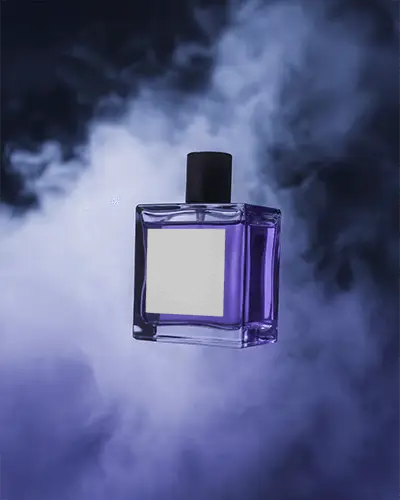 High End Perfume Bottle Mockup Square Glass Design Illuminated Amid Dense Purple Smoke Premium