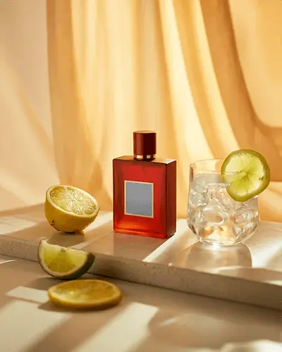 Luxury Perfume Bottle Mockup Red Glass Design With Citrus Fruits And Iced Drink On Sunlit Surface