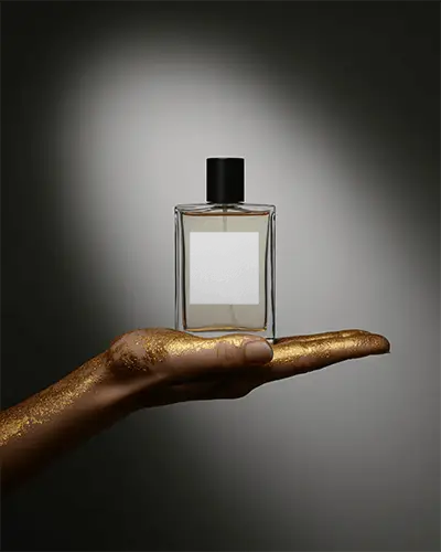 Luxury Perfume Bottle Mockup Square Glass Held On Hand Painted In Golden Shimmer Premium Display