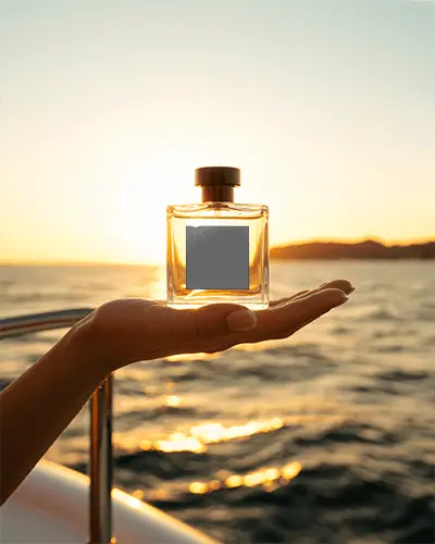 Luxury Perfume Bottle Mockup Glass Design Held Over Ocean With Golden Sunset Lighting Premium Shot