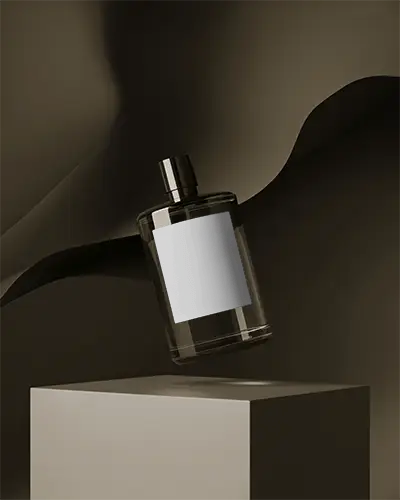 Luxury Perfume Bottle Mockup Floating Round Glass Design Above Minimal Pedestal In Monochrome Scene