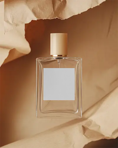 Elegant Transparent Perfume Mockup With Simple Square Label And Modern Cylindrical Cap