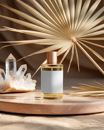 Elegant Minimalist Perfume Mockup On Marble Surface With Natural Decor Elements