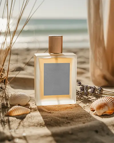 Elegant Glass Perfume Mockup Surrounded By Lavender Dried Grass And Seashells