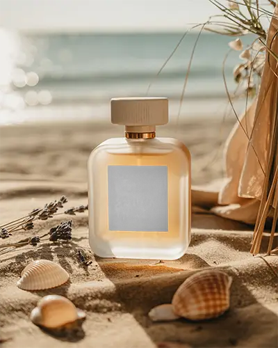 Elegant Perfume Mockup On Sandy Beach With Relaxing Ocean Background