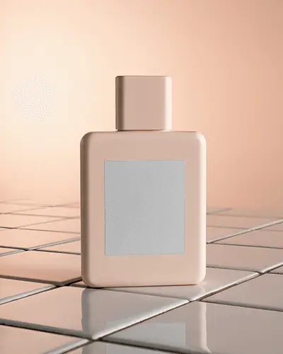 Soft Aesthetic Perfume Bottle Mockup Modern Nude Toned Bottle On Grid Tile Surface With Gradient Backdrop