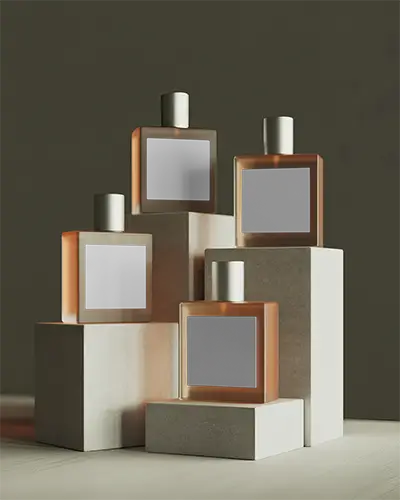 Luxury Perfume Bottle Mockup Standing On Geometric Blocks For Brand Presentation