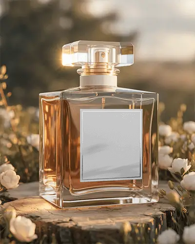 Elegant Glass Perfume Bottle Mockup On Wooden Surface With Natural Floral Background