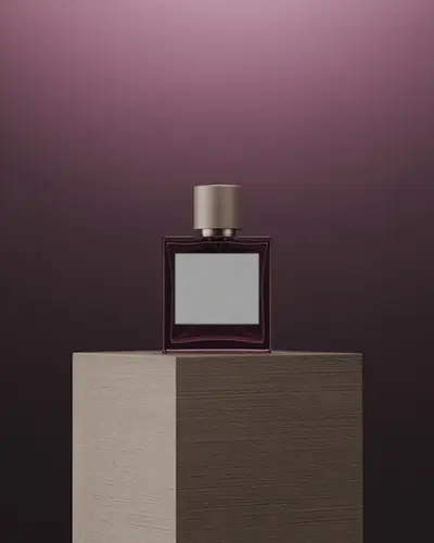 Minimalist Perfume Mockup Square Fragrance Bottle On Two Tone Podium With Soft Gradient Lighting
