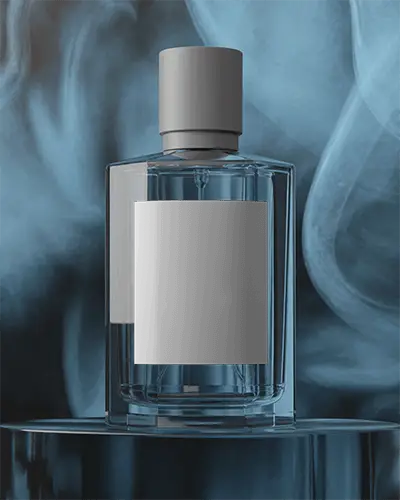 Sleek Glass Perfume Bottle Mockup With Minimalist Plain Label Surrounded By Soft Fragrant Mist