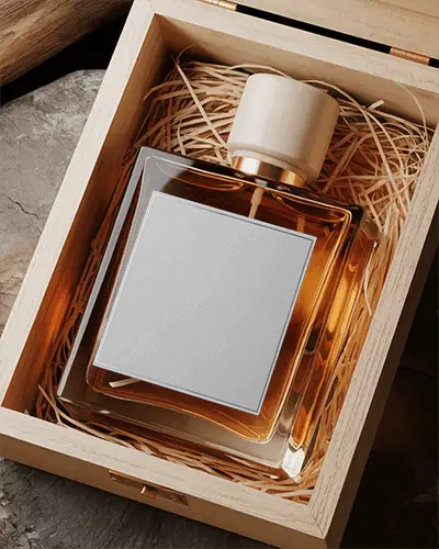 Luxury Glass Square Perfume Bottle Mockup Packaged In Eco Friendly Wooden Box With Natural Fill