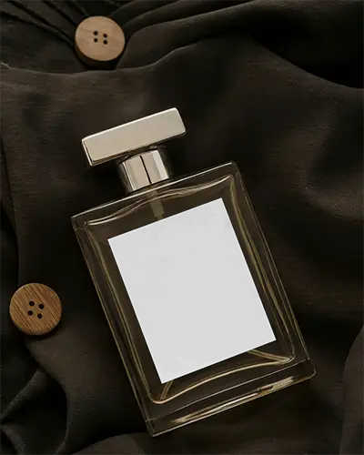 Elegant Glass Perfume Bottle Mockup Display On Textured Fabric Background For Branding