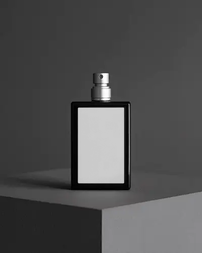 Black Glass Perfume Bottle Mockup Minimalist Square Design With Silver Spray Nozzle On Dark Geometric Podium