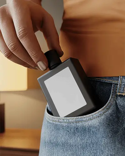 Minimal Black Perfume Bottle Mockup Slipping Into Jeans Pocket Modern Lifestyle Composition