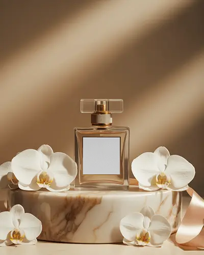 Luxury Perfume Bottle Mockup With White Orchids On Marble Podium Soft Golden Studio Lighting
