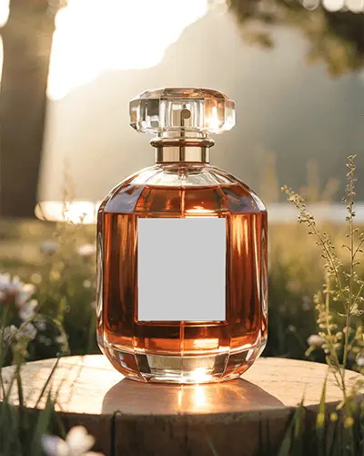 Round Perfume Bottle Mockup Glowing Under Sunset Light On Tree Stump Romantic Natural Vibes