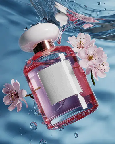 Perfume Bottle Mockup Floating In Water With Cherry Blossoms Fresh And Elegant Composition