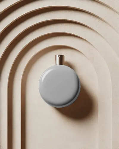 Luxurious Round Perfume Bottle Mockup On Architectural Beige Arch Backdrop Perfect For Elegant Brand Identity