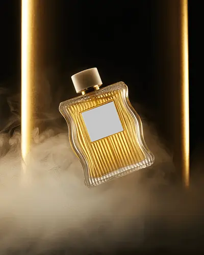 Golden Rippled Perfume Bottle Mockup Floating In Smoky Studio Lighting Elegant And Premium Style