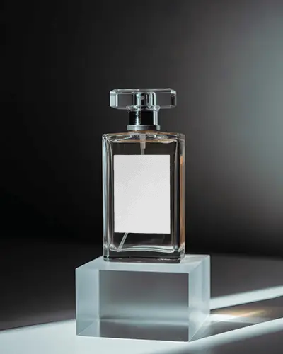 Luxury Glass Perfume Bottle Mockup Transparent Rectangular Bottle On Ice Clear Podium Under Spotlight