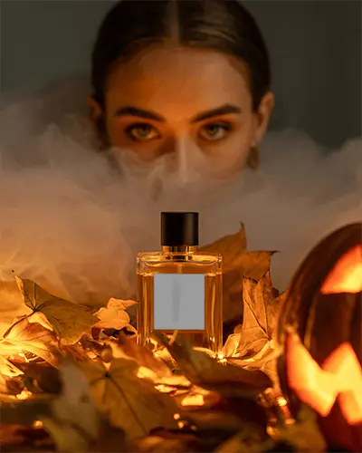 Halloween Perfume Mockup Golden Bottle With Mystic Light Fog And Autumn Leaves