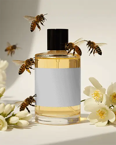 Natural Perfume Mockup Bees Hovering Over Amber Perfume Bottle In Sunlight And White Blossoms