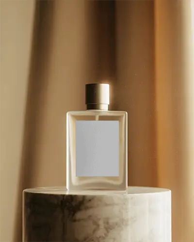 Minimal Luxury Perfume Mockup Frosted Bottle On Marble Pedestal In Warm Light