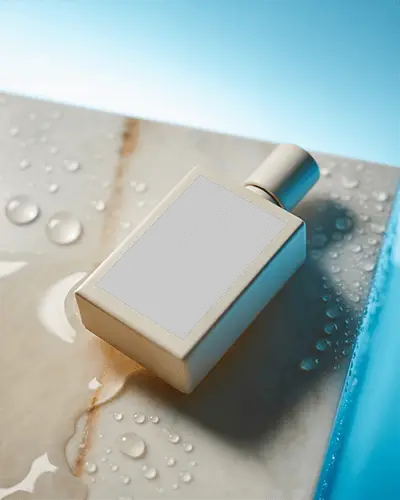 Aquatic Perfume Mockup Minimal Bottle On Wet Marble With Water Droplets