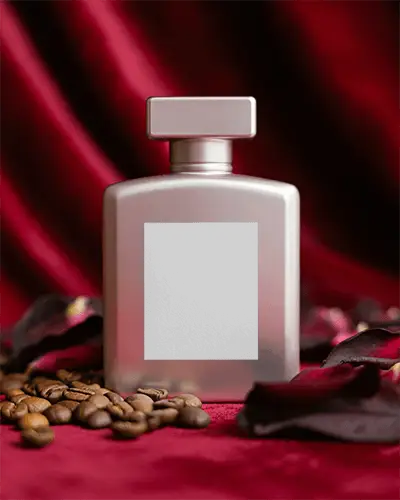 Omantic Fragrance Bottle Perfume Mockup Satin Red Background And Dark Rose Petals