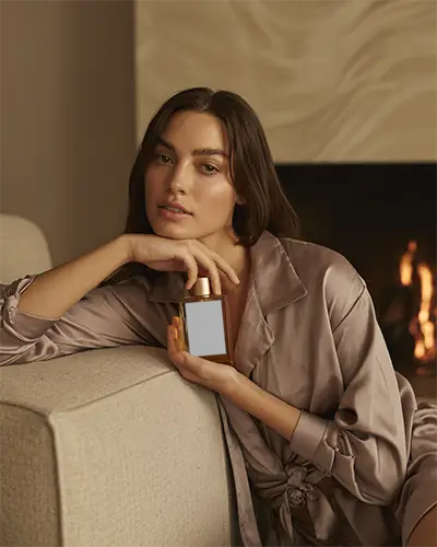 Cozy Luxury Perfume Mockup Female Model In Satin Near Fireplace Holding Bottle