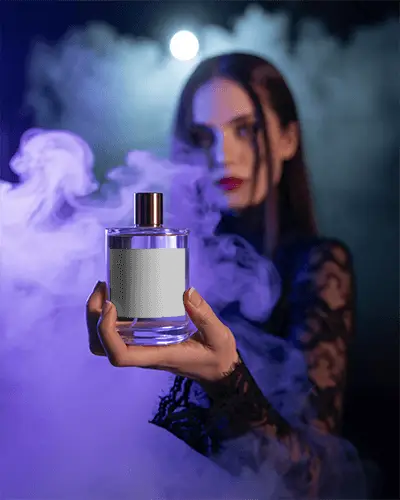 Mysterious Perfume Mockup Dark Elegant Woman Holding Bottle In Purple Fog