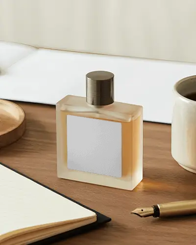 Realistic Perfume Bottle Mockup On Office Desk With Paper Pad And Stationery Stylish Product Display Scene