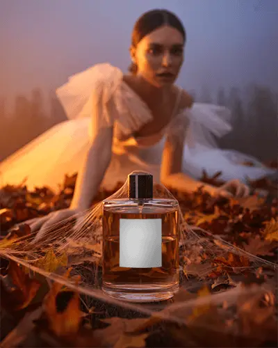 Autumn Fantasy Perfume Mockup Amber Bottle On Leaves With Elegant Female Model