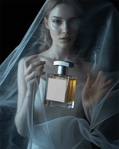 Ethereal Perfume Mockup Delicate Female Model With Floating Bottle And Soft Veil
