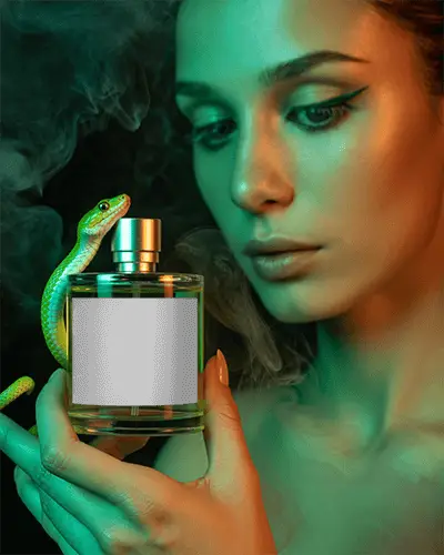 Exotic Perfume Mockup Woman Holding Glass Bottle With Green Snake And Mystic Light