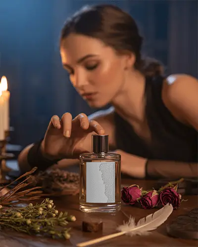 Vintage Perfume Mockup Elegant Woman In Candlelight With Dried Roses And Feather
