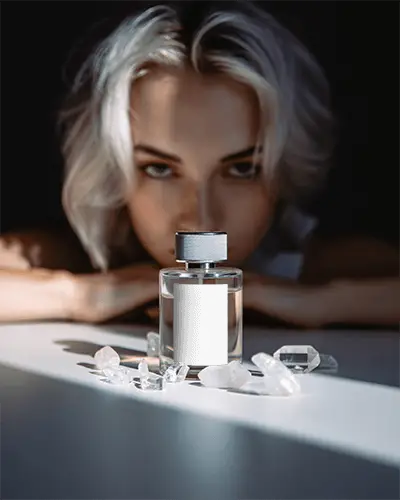 Crystal Inspired Perfume Mockup Blonde Model With Clear Stones And Modern Bottle