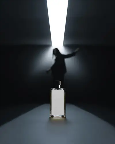 Cinematic Perfume Mockup Dramatic Lighting With Silhouette And Minimal Bottle