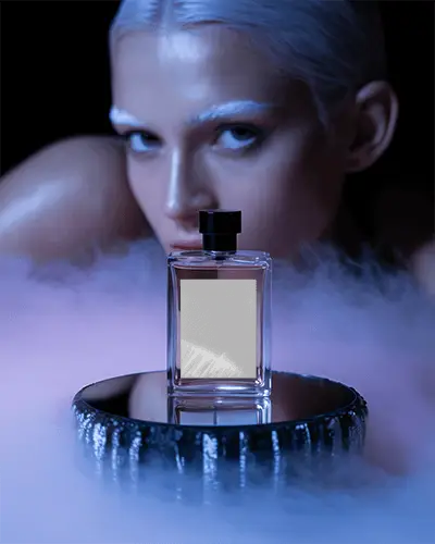 Futuristic Perfume Mockup Glass Bottle With Model In Misty Blue Purple Light