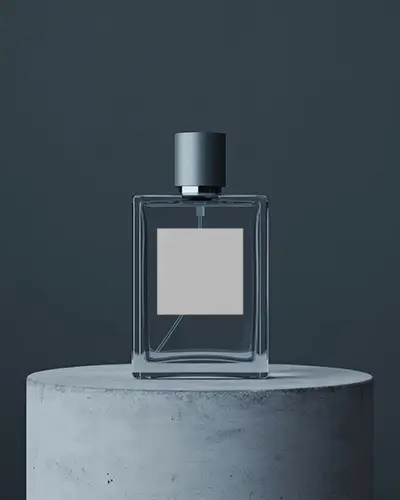 Studio Mockup Of Perfume Bottle Standing On Textured Base Dramatic Lighting For Luxury Packaging Presentation