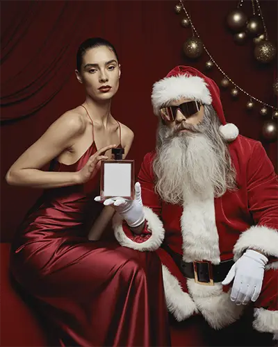 Christmas Luxury Perfume Mockup Elegant Holiday Scene With Santa In Red Suit And Glamorous Model