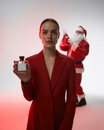 Modern Christmas Perfume Mockup Elegant Woman In Red Blazer With Santa Holding Gift