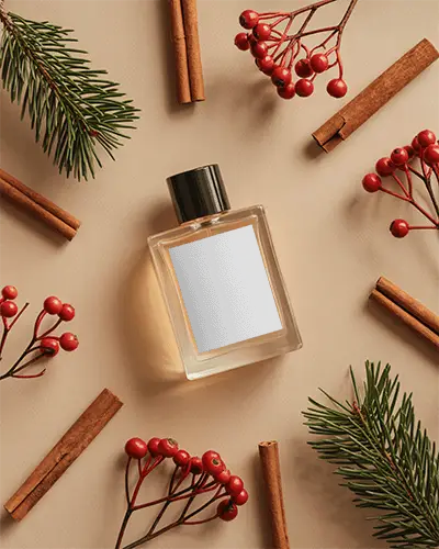 Christmas Perfume Mockup Flatlay With Cinnamon Sticks Red Berries And Evergreen Branches
