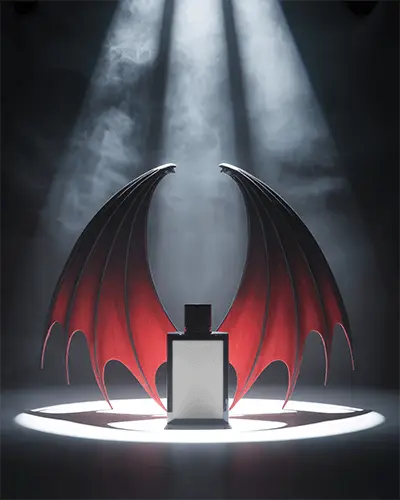 Halloween Perfume Mockup Dark Fantasy Glass Bottle With Bat Wings Under Spotlight
