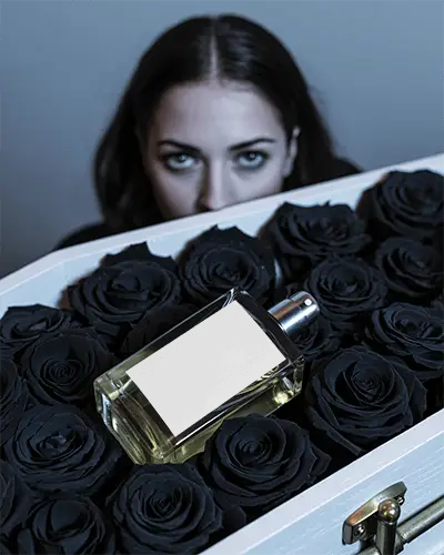 Gothic Halloween Perfume Mockup Dark Bottle Resting On Black Roses With Mysterious Gaze